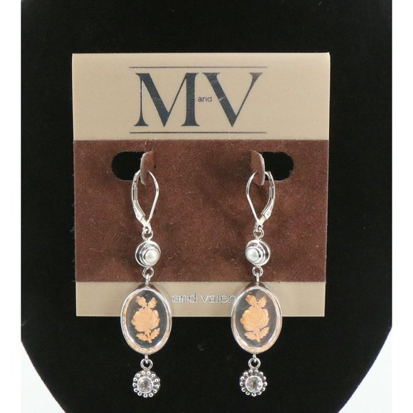 New Mars and Valentine Vintage Sterling Silver Pearl Rose Crystal Dange Earrings - Picture 1 of 8